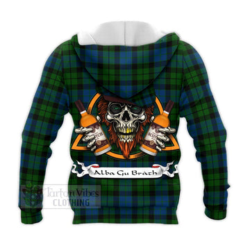 MacKie (McKie) Tartan Knitted Hoodie with Family Crest and Bearded Skull Holding Bottles of Whiskey