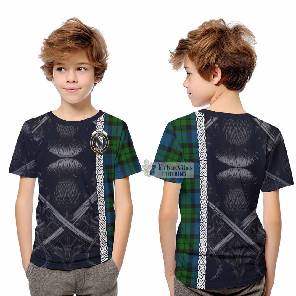 Tartan Vibes Clothing MacKie (McKie) Tartan Kid T-Shirt with Family Crest Cross Sword Thistle Celtic Vibes