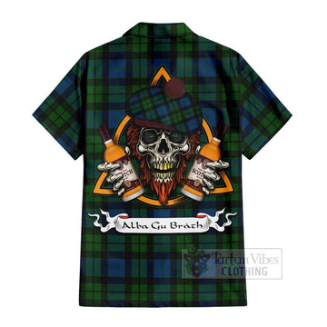 MacKie (McKie) Tartan Short Sleeve Button Shirt with Family Crest and Bearded Skull Holding Bottles of Whiskey