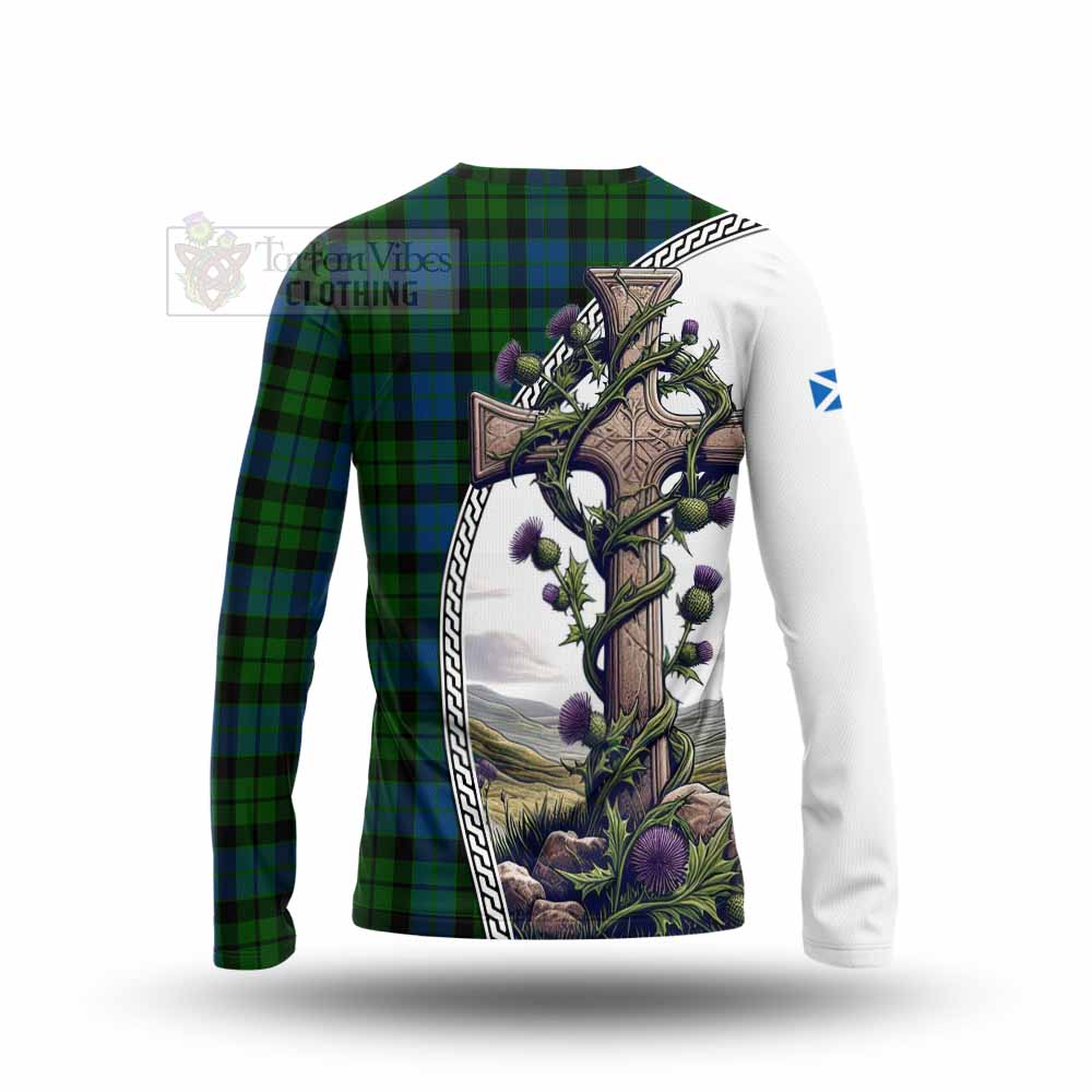 Tartan Vibes Clothing MacKie (McKie) Tartan Long Sleeve T-Shirt with Family Crest and St. Andrew's Cross Accented by Thistle Vines