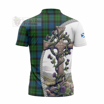 MacKie (McKie) Tartan Zipper Polo Shirt with Family Crest and St. Andrew's Cross Accented by Thistle Vines