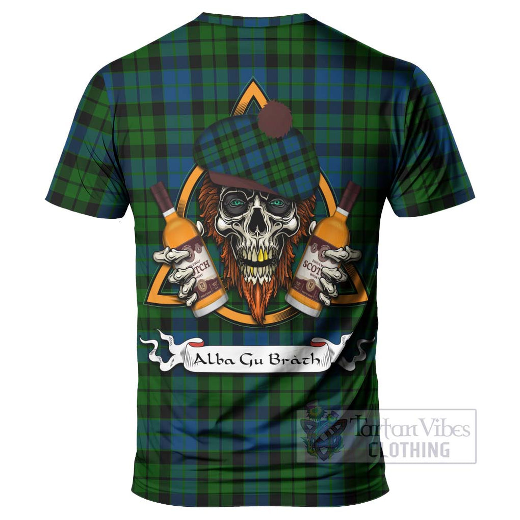 Tartan Vibes Clothing MacKie (McKie) Tartan T-Shirt with Family Crest and Bearded Skull Holding Bottles of Whiskey