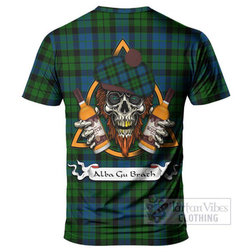 MacKie (McKie) Tartan T-Shirt with Family Crest and Bearded Skull Holding Bottles of Whiskey