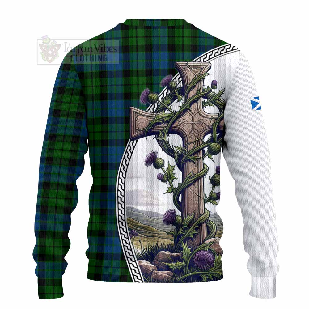 Tartan Vibes Clothing MacKie (McKie) Tartan Knitted Sweater with Family Crest and St. Andrew's Cross Accented by Thistle Vines