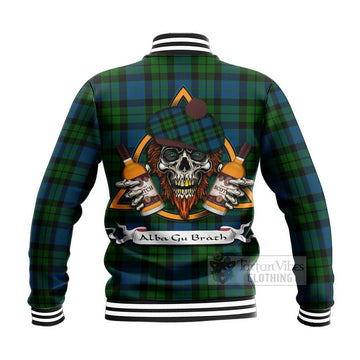 MacKie (McKie) Tartan Baseball Jacket with Family Crest and Bearded Skull Holding Bottles of Whiskey