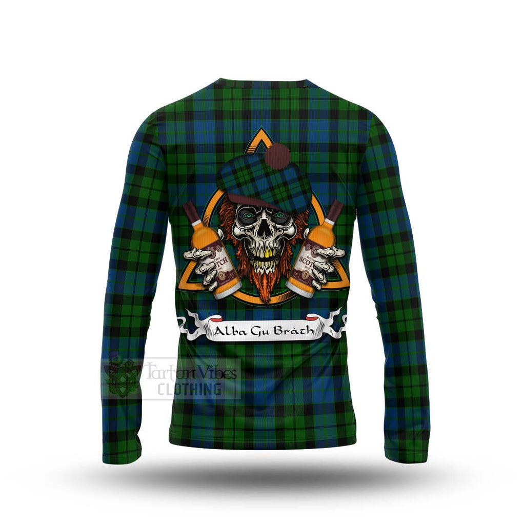 Tartan Vibes Clothing MacKie (McKie) Tartan Long Sleeve T-Shirt with Family Crest and Bearded Skull Holding Bottles of Whiskey