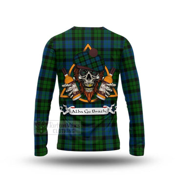 MacKie (McKie) Tartan Long Sleeve T-Shirt with Family Crest and Bearded Skull Holding Bottles of Whiskey