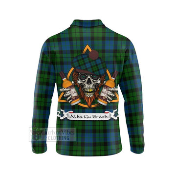 MacKie (McKie) Tartan Long Sleeve Polo Shirt with Family Crest and Bearded Skull Holding Bottles of Whiskey