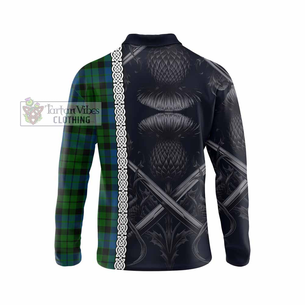 Tartan Vibes Clothing MacKie (McKie) Tartan Long Sleeve Polo Shirt with Family Crest Cross Sword Thistle Celtic Vibes