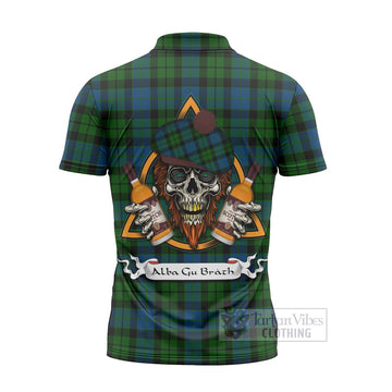 MacKie (McKie) Tartan Zipper Polo Shirt with Family Crest and Bearded Skull Holding Bottles of Whiskey