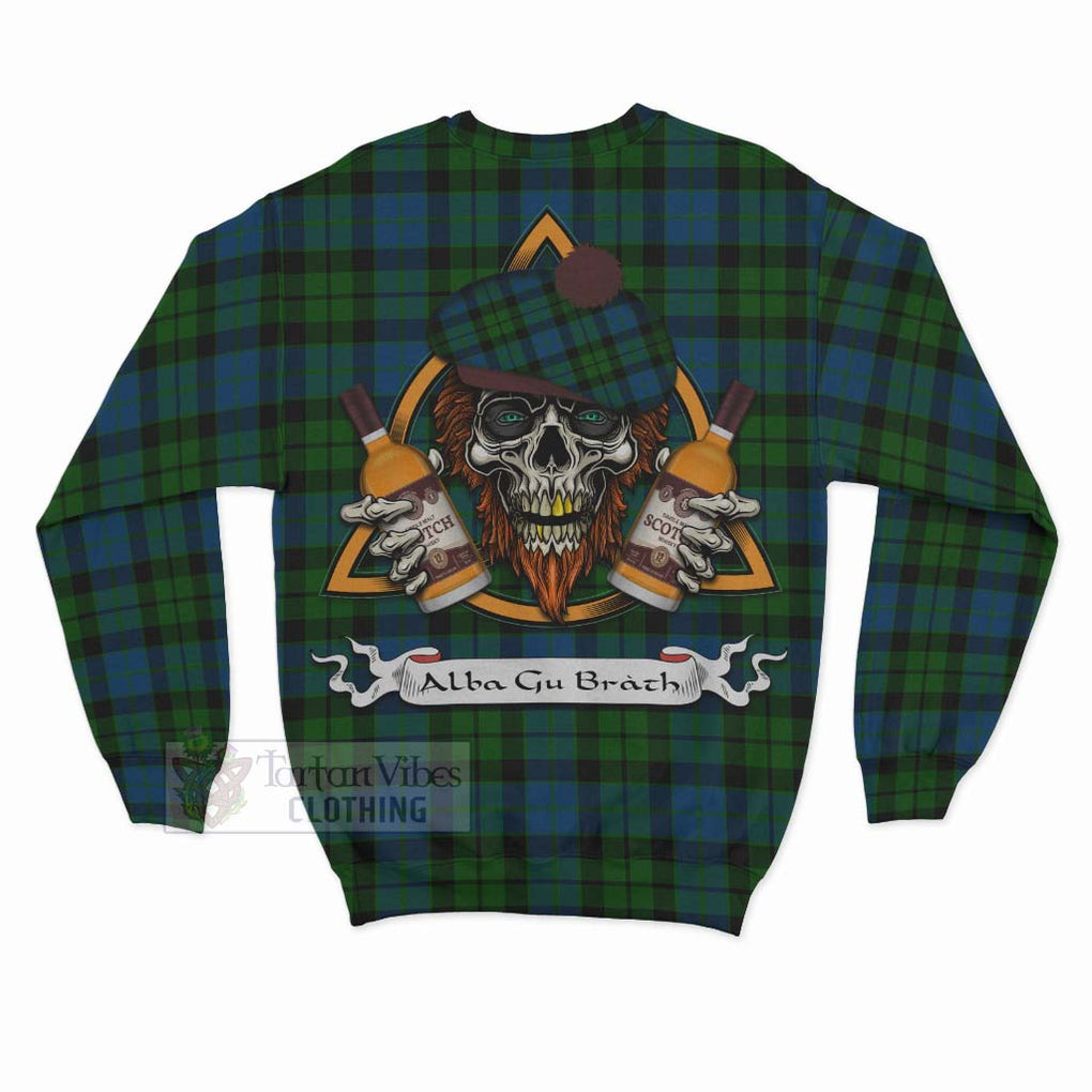 Tartan Vibes Clothing MacKie (McKie) Tartan Sweatshirt with Family Crest and Bearded Skull Holding Bottles of Whiskey