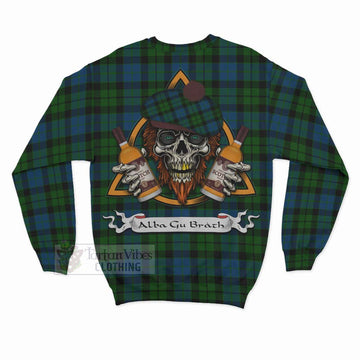 MacKie (McKie) Tartan Sweatshirt with Family Crest and Bearded Skull Holding Bottles of Whiskey