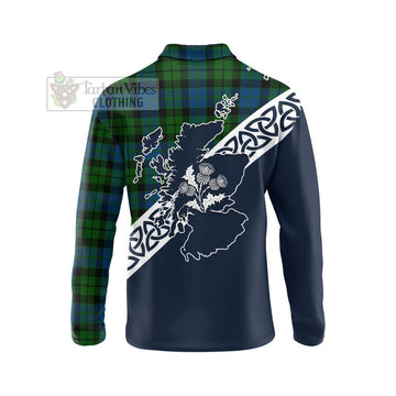 MacKie (McKie) Tartan Long Sleeve Polo Shirt Featuring Thistle and Scotland Map