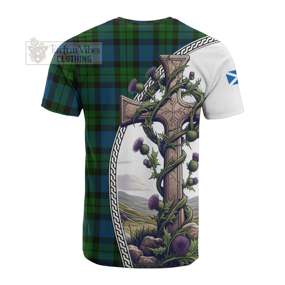 Tartan Vibes Clothing MacKie (McKie) Tartan Cotton T-shirt with Family Crest and St. Andrew's Cross Accented by Thistle Vines