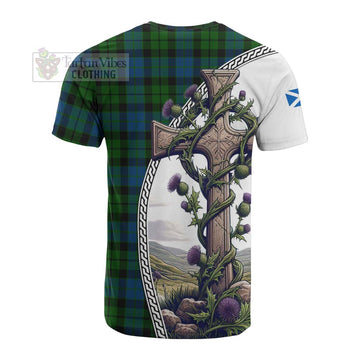 MacKie (McKie) Tartan Cotton T-shirt with Family Crest and St. Andrew's Cross Accented by Thistle Vines