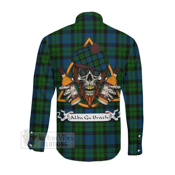 MacKie (McKie) Tartan Long Sleeve Button Shirt with Family Crest and Bearded Skull Holding Bottles of Whiskey