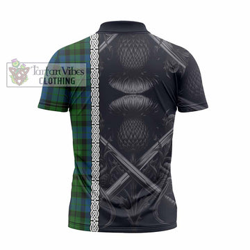 MacKie (McKie) Tartan Zipper Polo Shirt with Family Crest Cross Sword Thistle Celtic Vibes