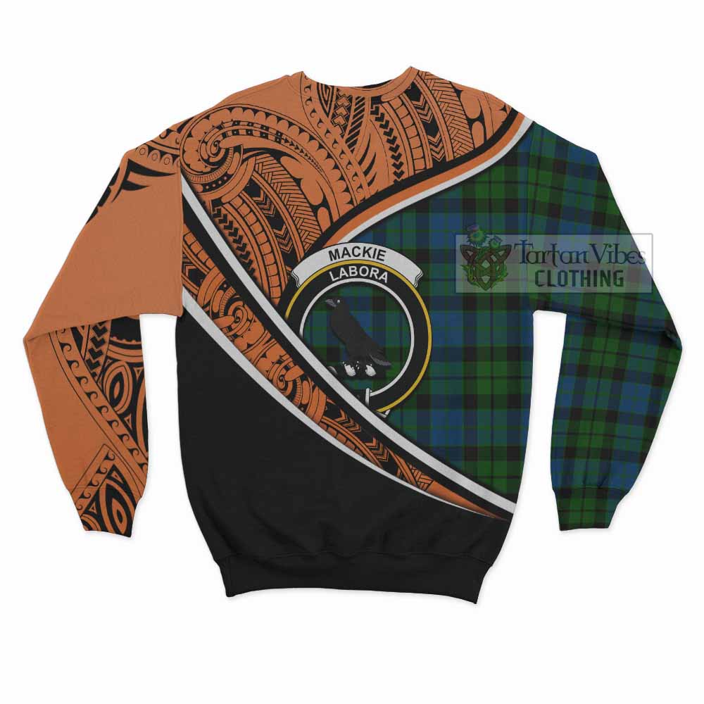 Tartan Vibes Clothing MacKie (McKie) Crest Tartan Sweatshirt with Maori Tattoo Style - Orange Version