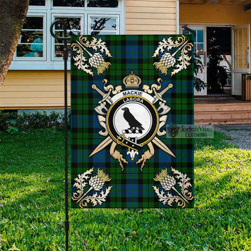 MacKie (McKie) Tartan Flag with Family Crest and Golden Thistle Crossed Sword Design