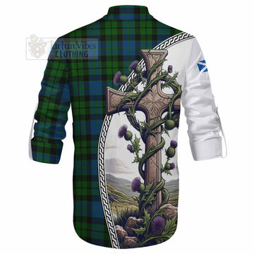 MacKie (McKie) Tartan Ghillie Kilt Shirt with Family Crest and St. Andrew's Cross Accented by Thistle Vines