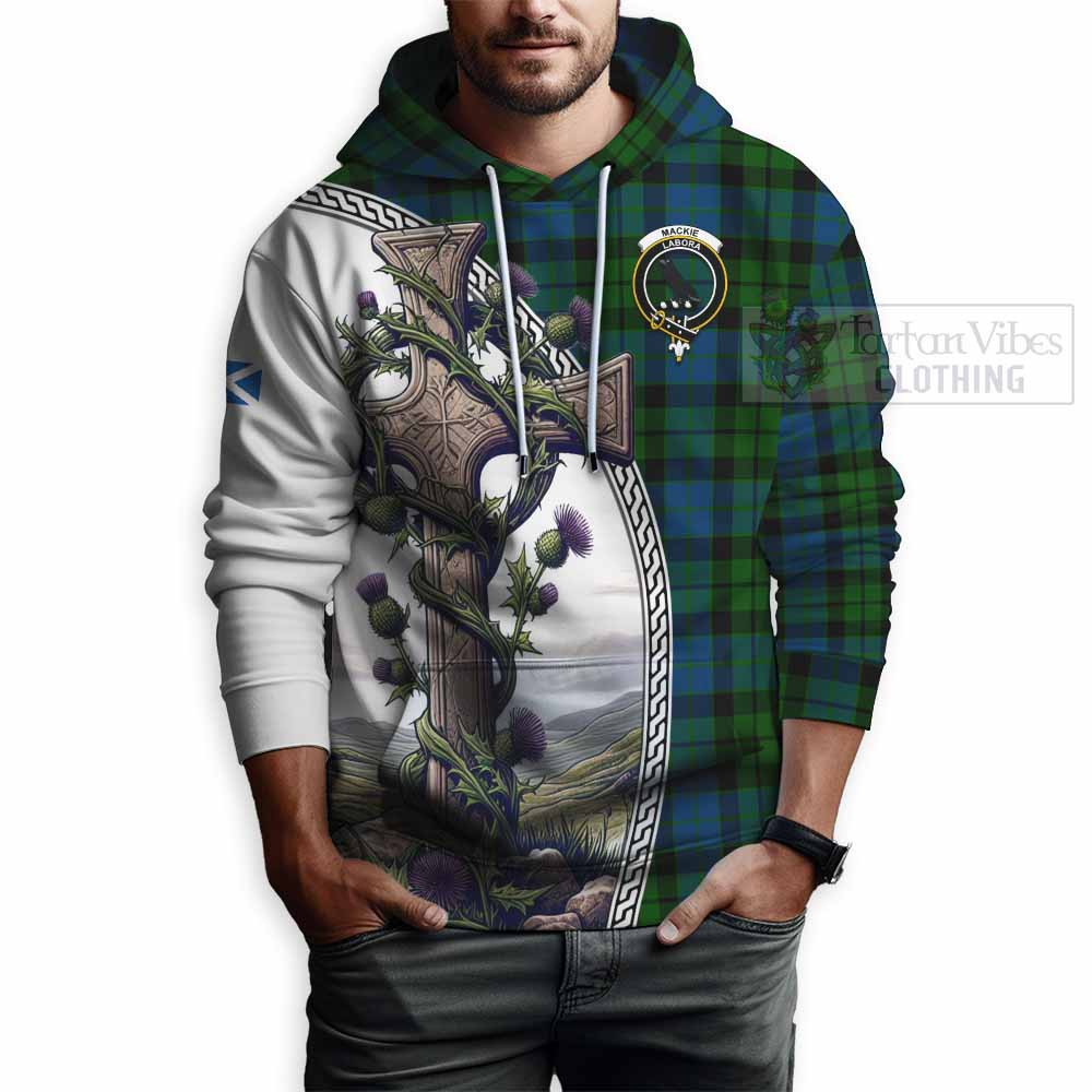 Tartan Vibes Clothing MacKie (McKie) Tartan Hoodie with Family Crest and St. Andrew's Cross Accented by Thistle Vines