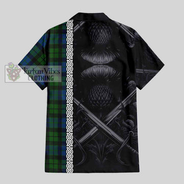 MacKie (McKie) Tartan Short Sleeve Button Shirt with Family Crest Cross Sword Thistle Celtic Vibes