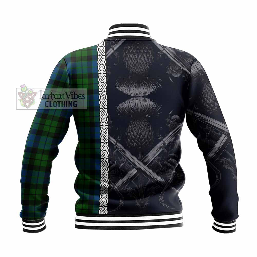 Tartan Vibes Clothing MacKie (McKie) Tartan Baseball Jacket with Family Crest Cross Sword Thistle Celtic Vibes