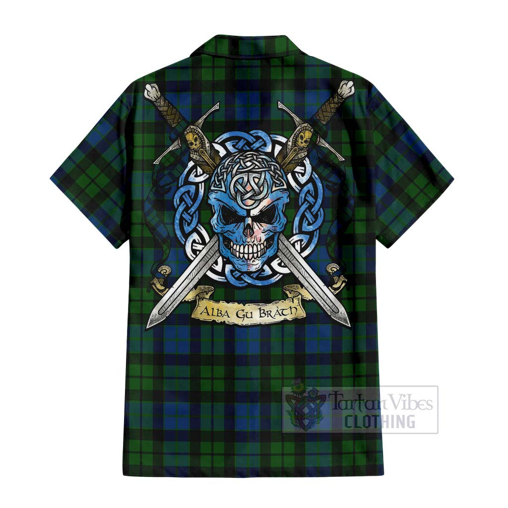 Tartan Vibes Clothing MacKie (McKie) Tartan Short Sleeve Button Shirt with Family Crest Celtic Skull Style