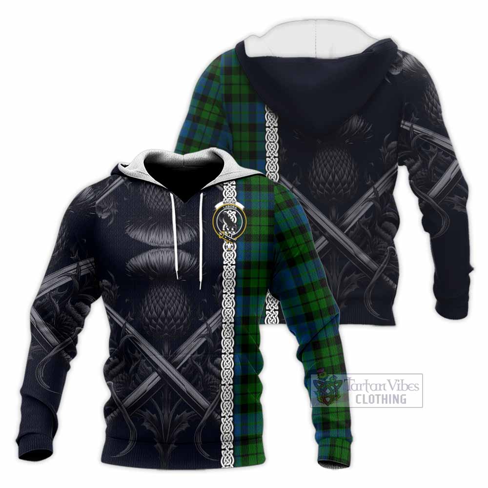 Tartan Vibes Clothing MacKie (McKie) Tartan Knitted Hoodie with Family Crest Cross Sword Thistle Celtic Vibes