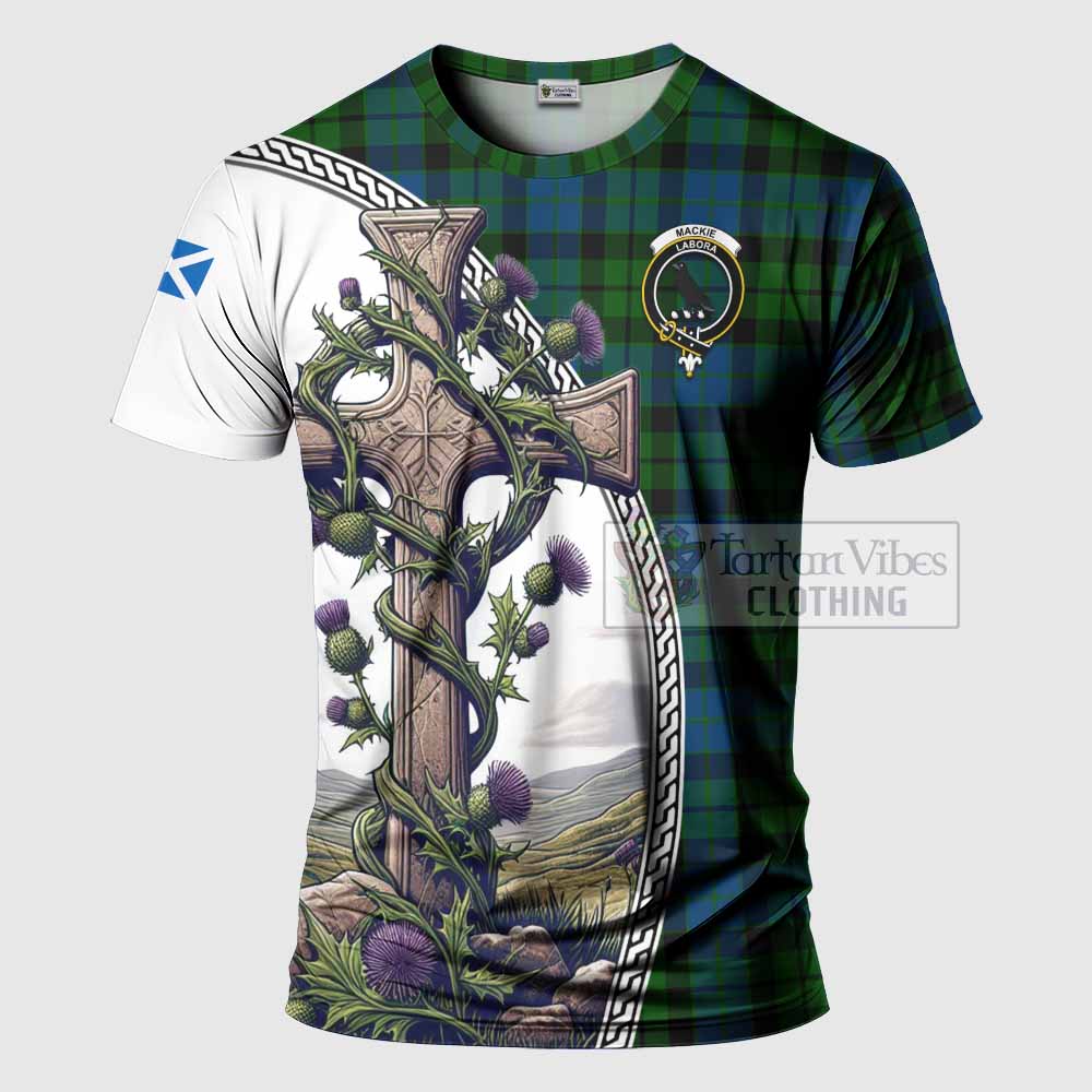 Tartan Vibes Clothing MacKie (McKie) Agnew Tartan T-Shirt with Family Crest and St. Andrew's Cross Accented by Thistle Vines