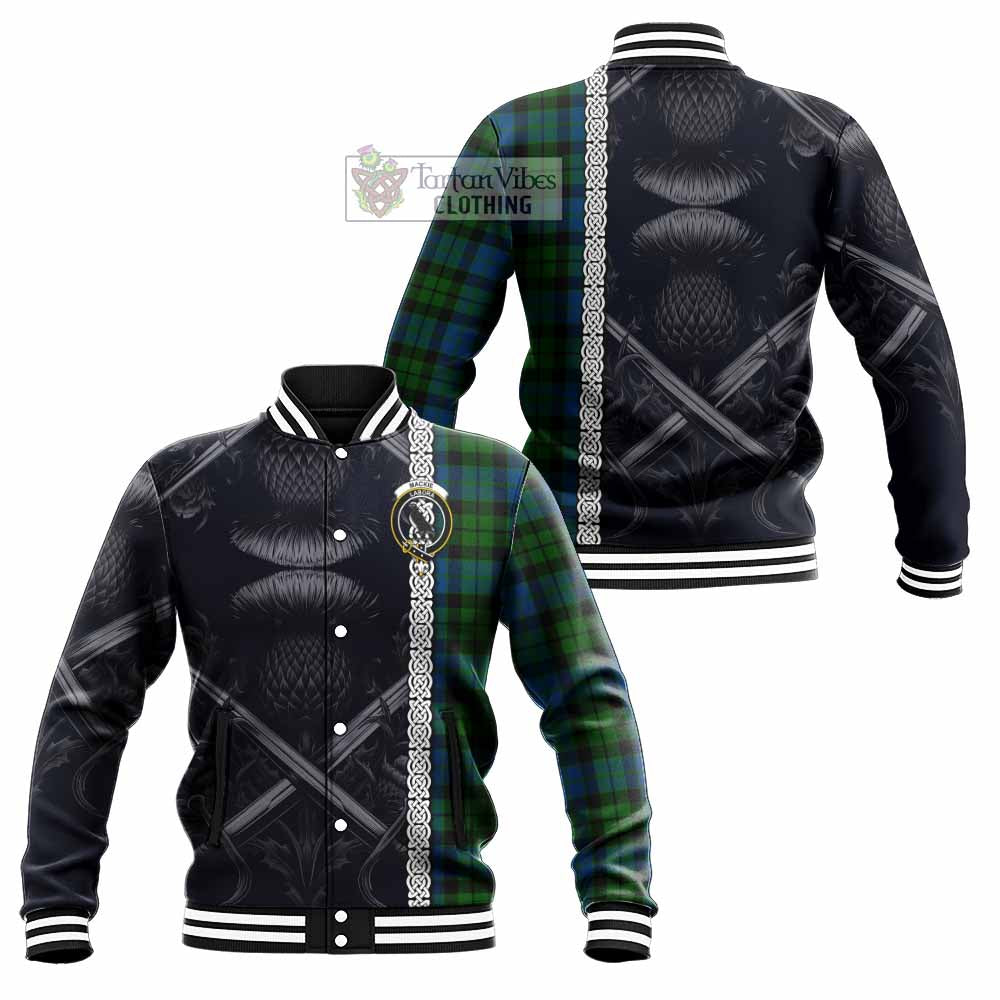 Tartan Vibes Clothing MacKie (McKie) Tartan Baseball Jacket with Family Crest Cross Sword Thistle Celtic Vibes