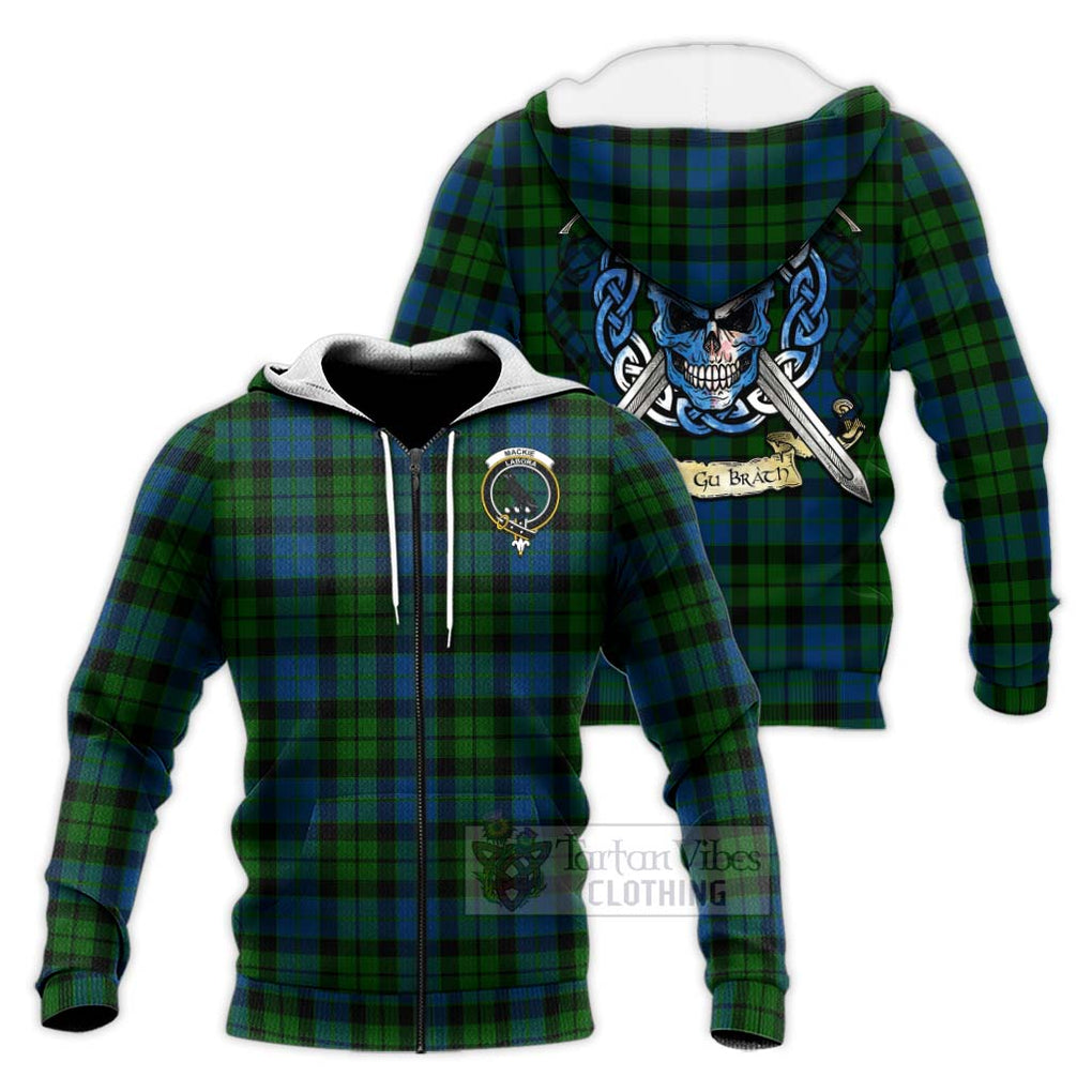 Tartan Vibes Clothing MacKie (McKie) Tartan Knitted Hoodie with Family Crest Celtic Skull Style