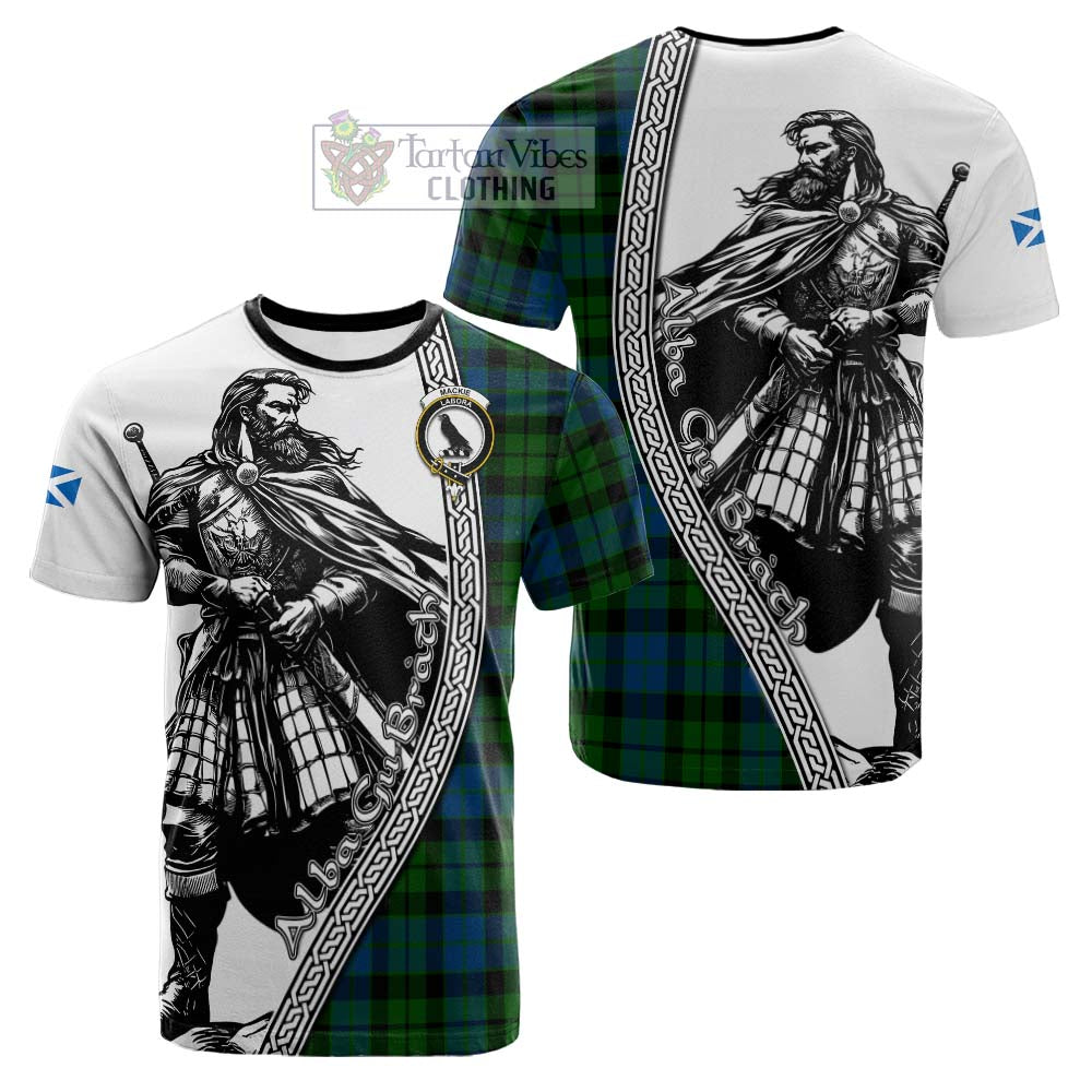 MacKie (McKie) Tartan Clan Crest Cotton T-shirt with Highlander Warrior Celtic Style