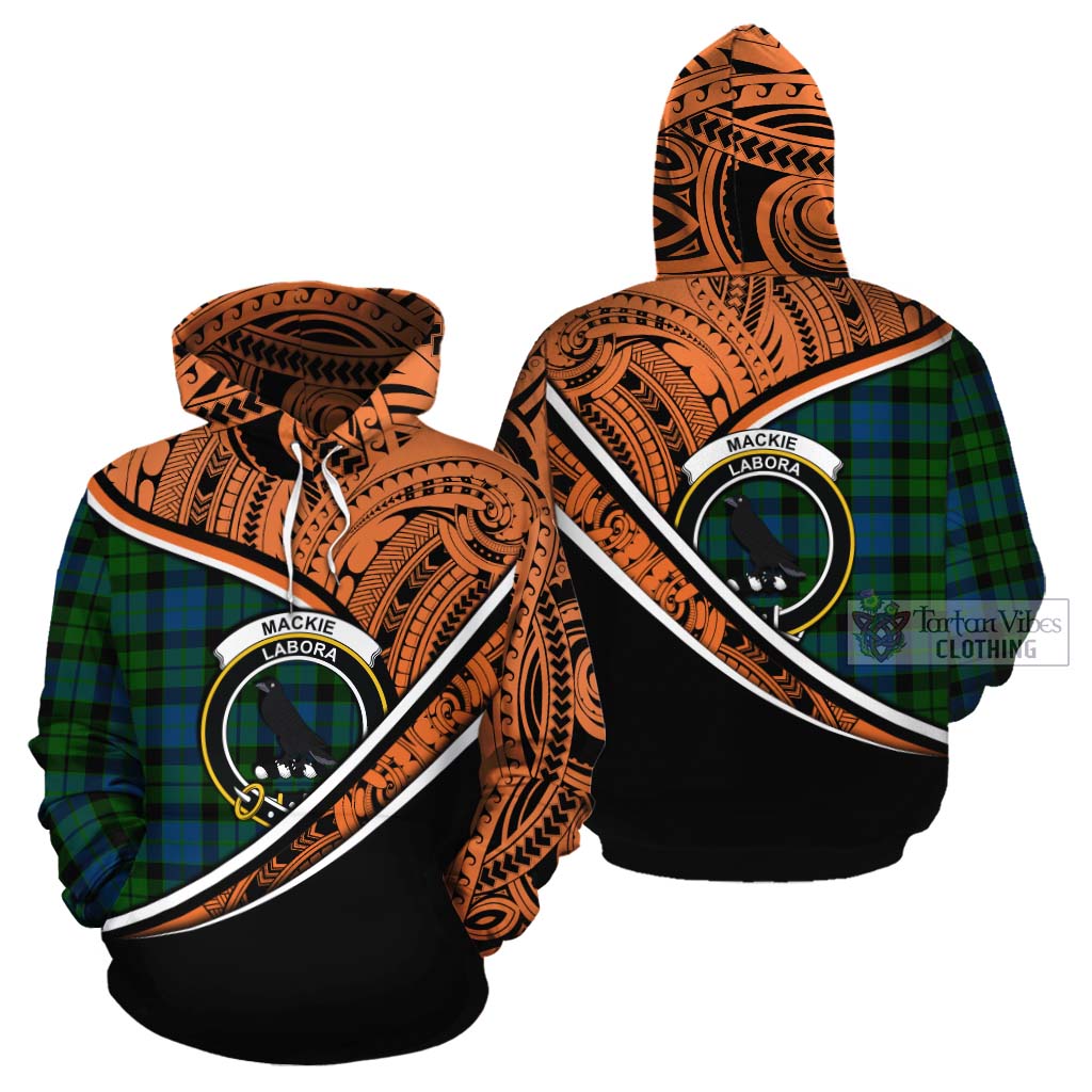 Tartan Vibes Clothing MacKie (McKie) Crest Tartan Cotton Hoodie with Maori Tattoo Style - Orange Version