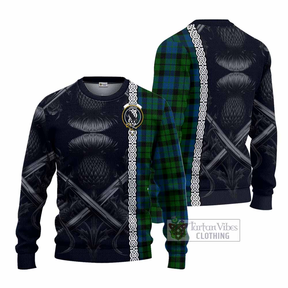 Tartan Vibes Clothing MacKie (McKie) Tartan Knitted Sweater with Family Crest Cross Sword Thistle Celtic Vibes