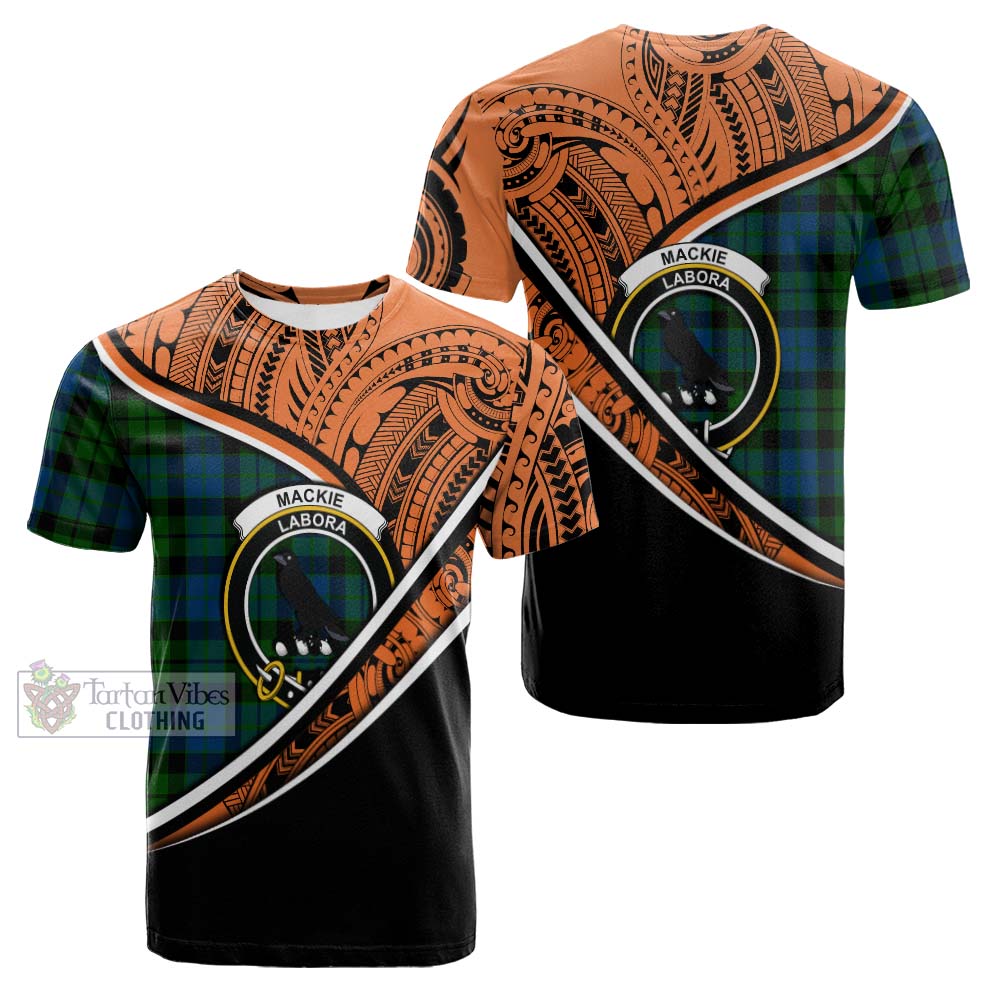 Tartan Vibes Clothing MacKie (McKie) Crest Tartan Cotton T-shirt with Maori Tattoo Style - Orange Version