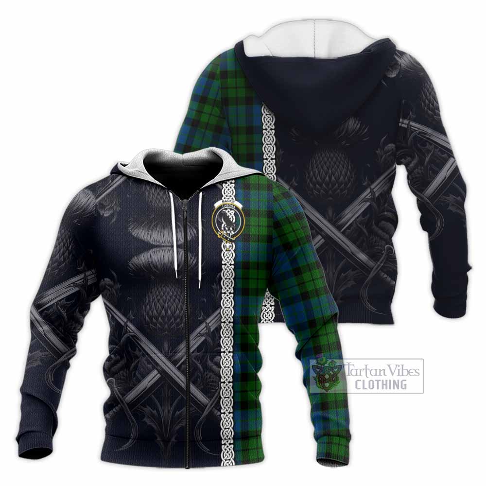 Tartan Vibes Clothing MacKie (McKie) Tartan Knitted Hoodie with Family Crest Cross Sword Thistle Celtic Vibes