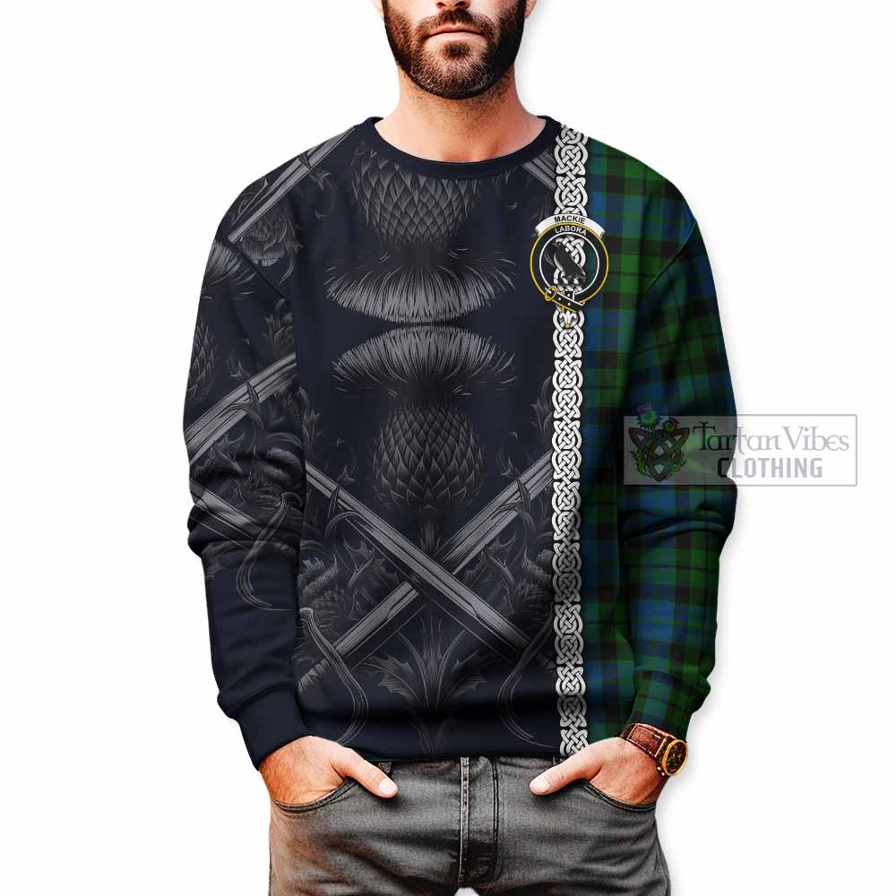 Tartan Vibes Clothing MacKie (McKie) Tartan Sweatshirt with Family Crest Cross Sword Thistle Celtic Vibes