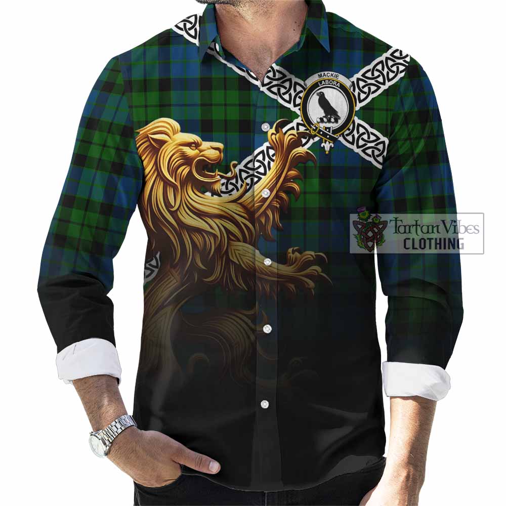 MacKie (McKie) Crest Tartan Long Sleeve Button Shirt with Golden Lion Emblem Celtic Style - Tartan Vibes Clothing