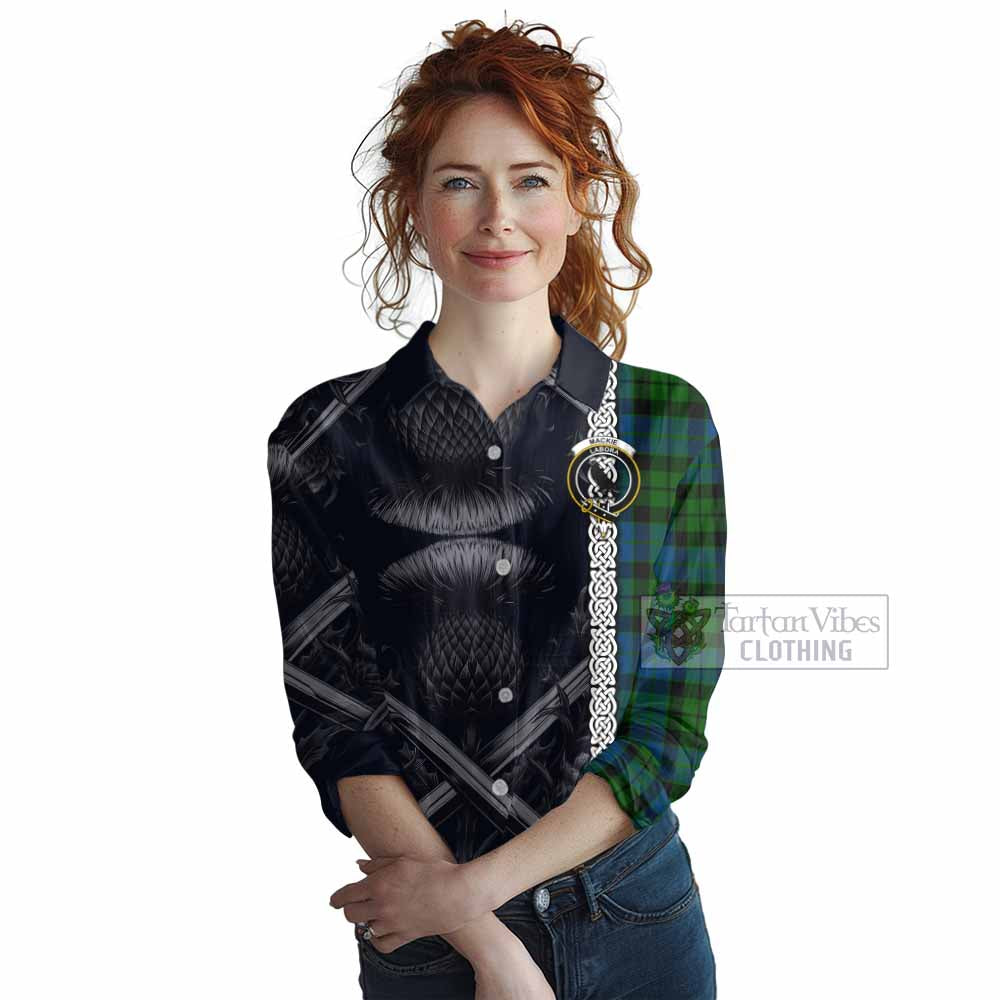 Tartan Vibes Clothing MacKie (McKie) Tartan Women's Casual Shirt with Family Crest Cross Sword Thistle Celtic Vibes