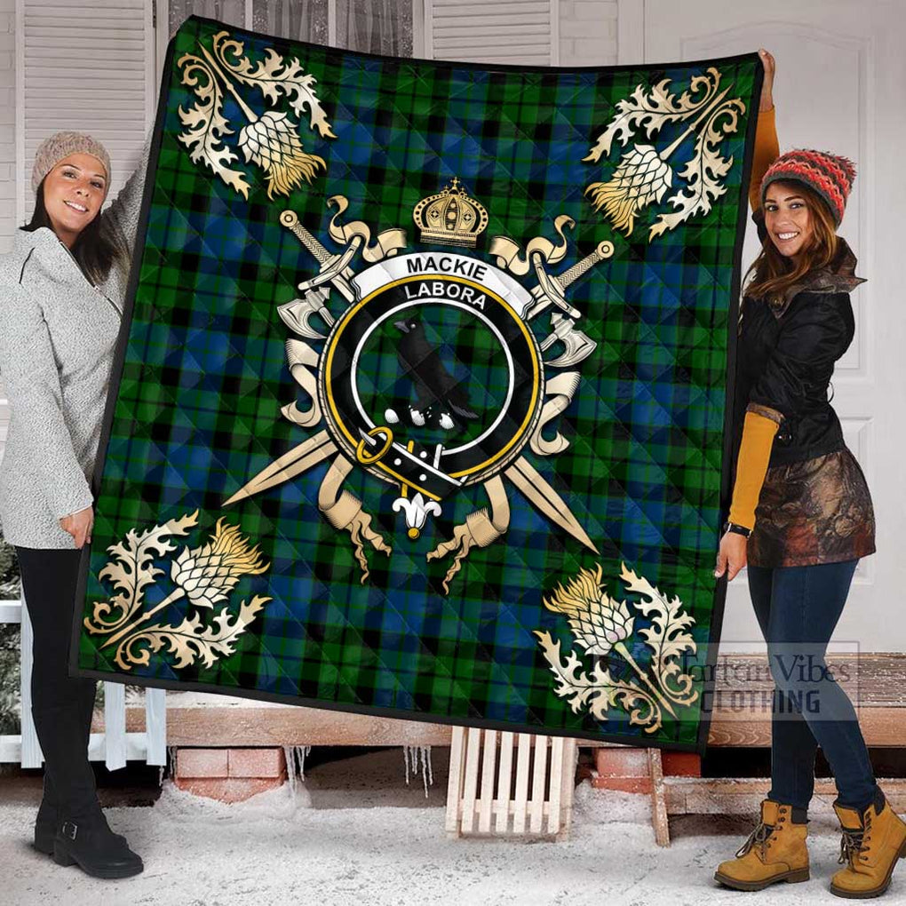 Tartan Vibes Clothing MacKie (McKie) Tartan Quilt with Family Crest and Scottish Golden Courage Shield