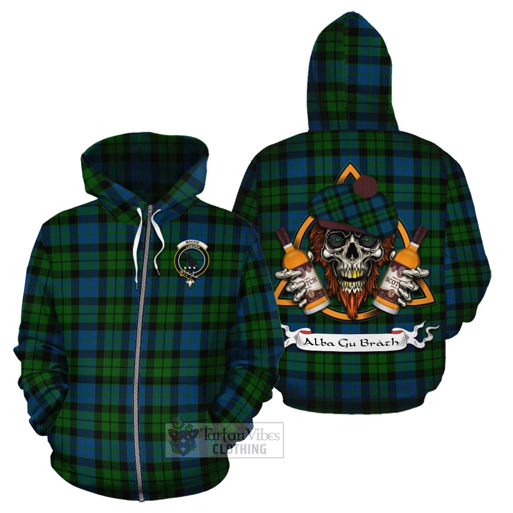 Tartan Vibes Clothing MacKie (McKie) Tartan Cotton Hoodie with Family Crest and Bearded Skull Holding Bottles of Whiskey