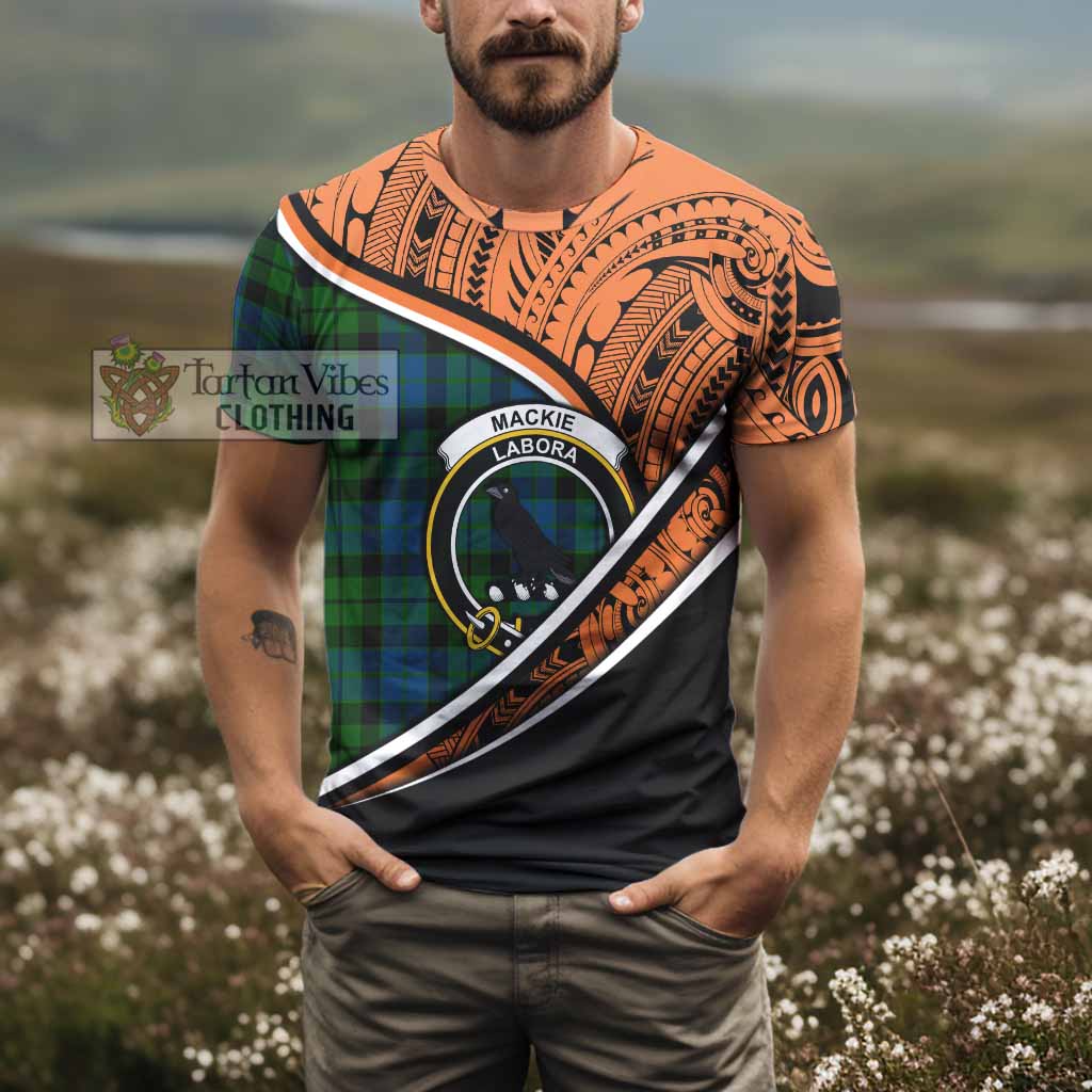 Tartan Vibes Clothing MacKie (McKie) Crest Tartan T-Shirt with Maori Tattoo Style - Orange Version