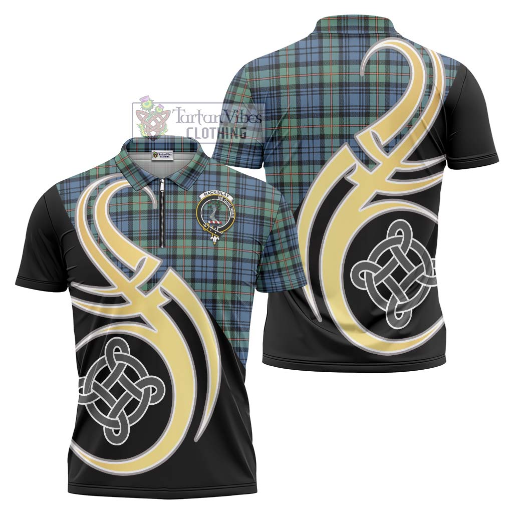 Tartan Vibes Clothing MacKinlay Ancient Tartan Zipper Polo Shirt with Family Crest and Celtic Symbol Style