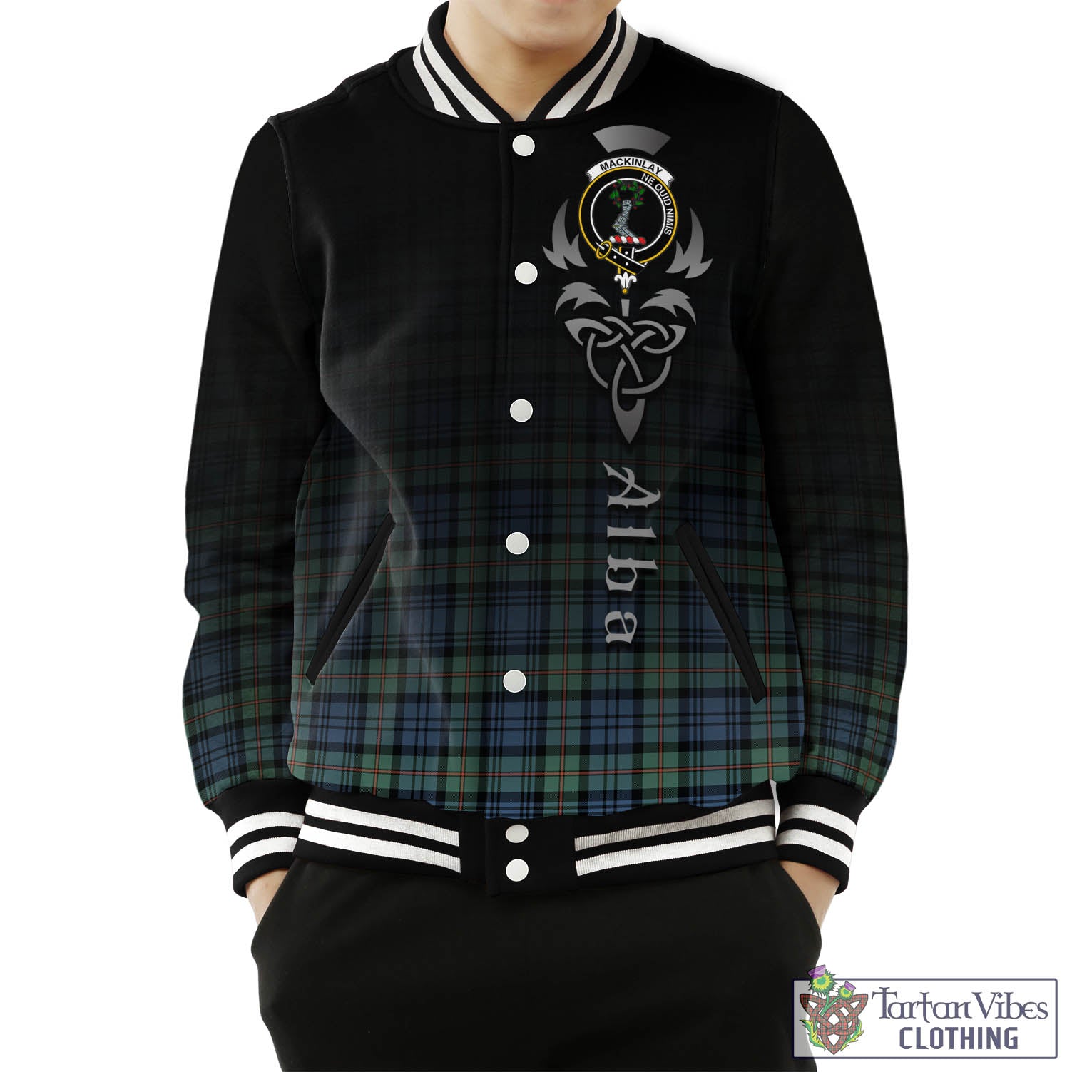 Tartan Vibes Clothing MacKinlay Ancient Tartan Baseball Jacket Featuring Alba Gu Brath Family Crest Celtic Inspired