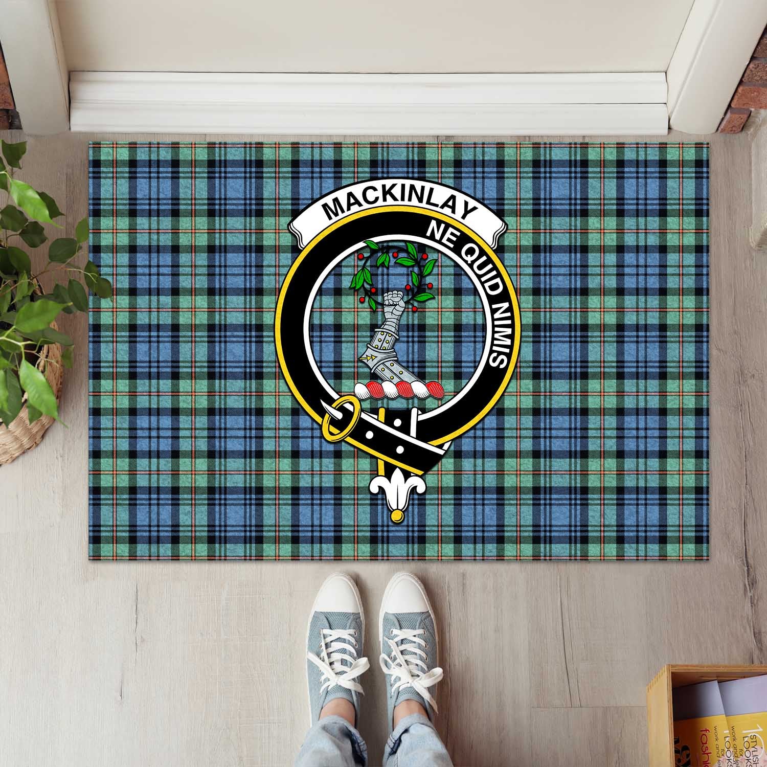 MacKinlay Ancient Tartan Door Mat with Family Crest - Tartanvibesclothing