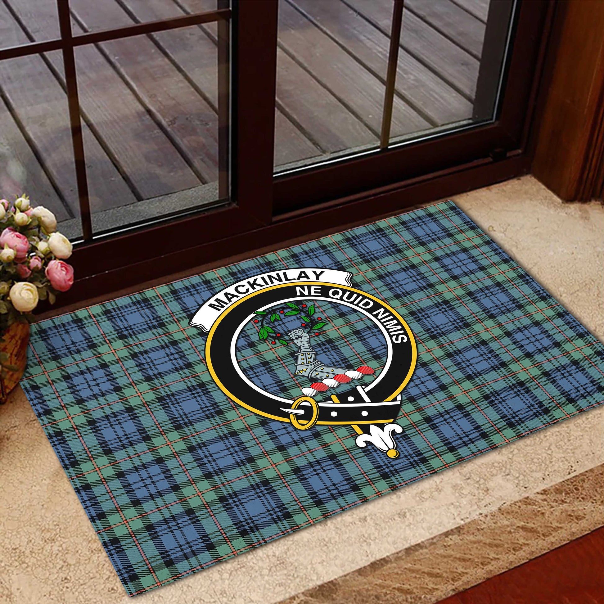 MacKinlay Ancient Tartan Door Mat with Family Crest - Tartanvibesclothing