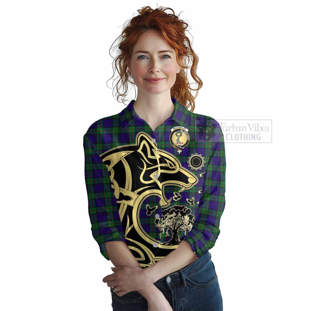 Tartan Vibes Clothing MacKinlay (McKinlay) Tartan Women's Casual Shirt with Family Crest Celtic Wolf Style