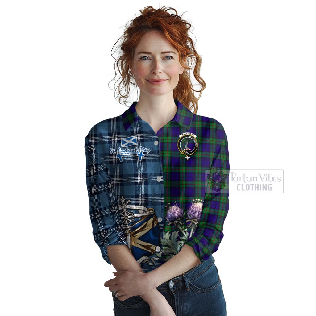 Tartan Vibes Clothing MacKinlay (McKinlay) Tartan Women's Casual Shirt Happy St. Andrew's Day Half Tartan Style