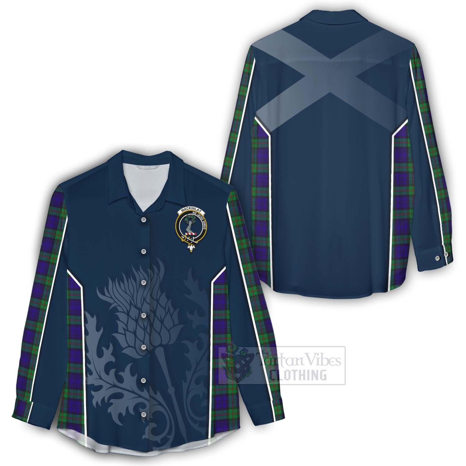 Tartan Vibes Clothing MacKinlay (McKinlay) Tartan Women's Casual Shirt with Family Crest and Scottish Thistle Vibes Sport Style